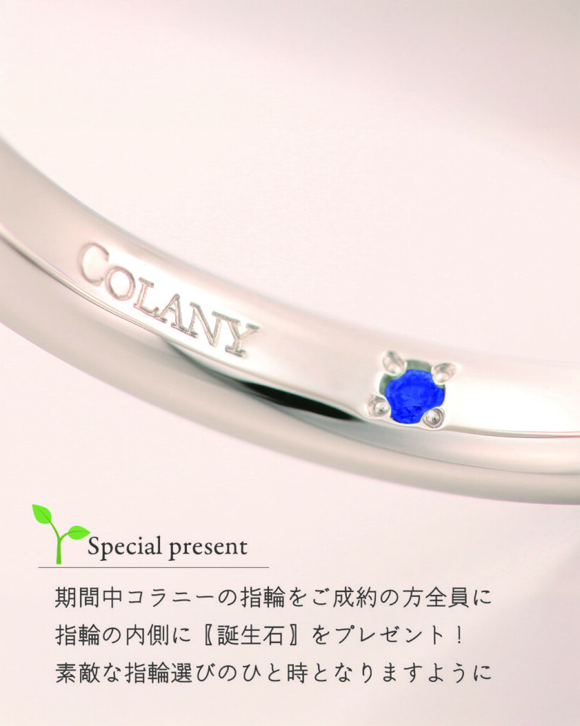 春のブライダルフェア
hana結
指輪の内側に『誕生石』プレゼント